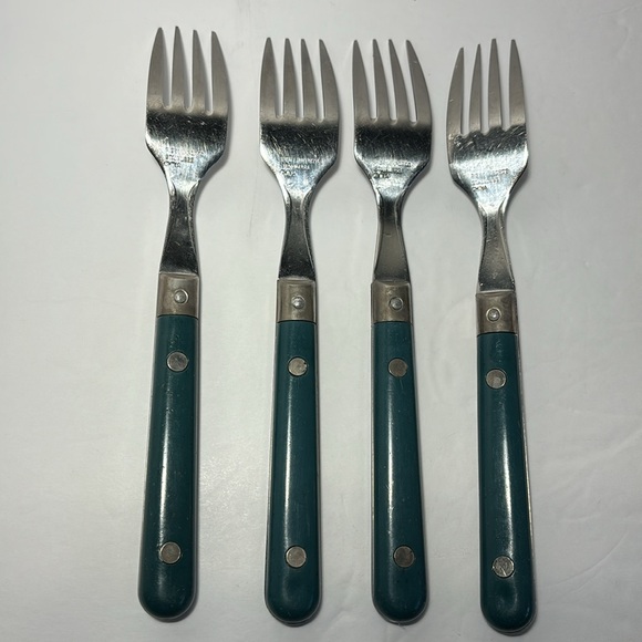 Pier 1 Imports Stainless Flatware Green Teal Rounded Handles SO 12 Forks Knives - Picture 4 of 14